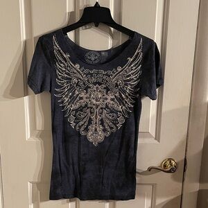 Affliction Charcoal Tee with Ornate Wing Design